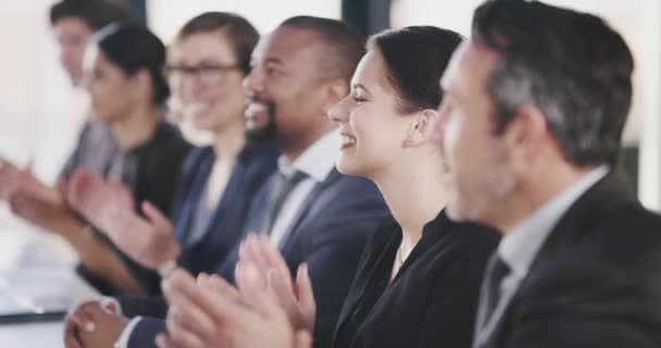 Applause, success and business people celebrate at conference. Celebration, meeting and group of happy employees clapping hands for support, achievement or targets, goals or good job at workshop - Video