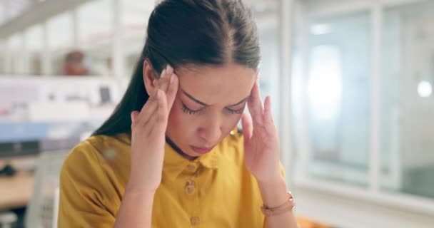 Headache, thinking and tired business woman in office pain, mental health problem and lens flare. Angry, anxiety or burnout worker or employee with migraine massage, stress or frustrated face. - Video