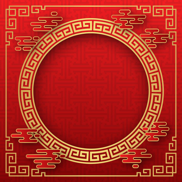 Fondo chino, fondo rojo festivo clásico decorativo y marco de oro, ilustración vectorial - Vector, imagen