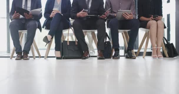 Business people, legs or waiting in we are hiring line, human resources or job interview queue on technology. Men, women or corporate workers in recruitment company with paper, documents or briefcase. - Felvétel, videó