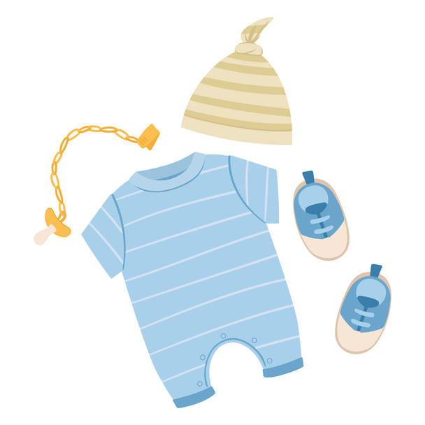Cartoon baby outfit. Baby boy or girl casual garments, cute little romper, baby pacifier and hat flat vector illustration on white backgroun - Vektör, Görsel
