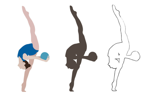 A gymnast who stands on one leg, the other vertically, is silhouetted. In the hands of the ball - Vector, Image