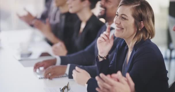 Success, applause and business people celebrate at conference. Celebration, meeting and group of employees clapping hands for support, achievement or targets, goals or congratulations at workshop - Video