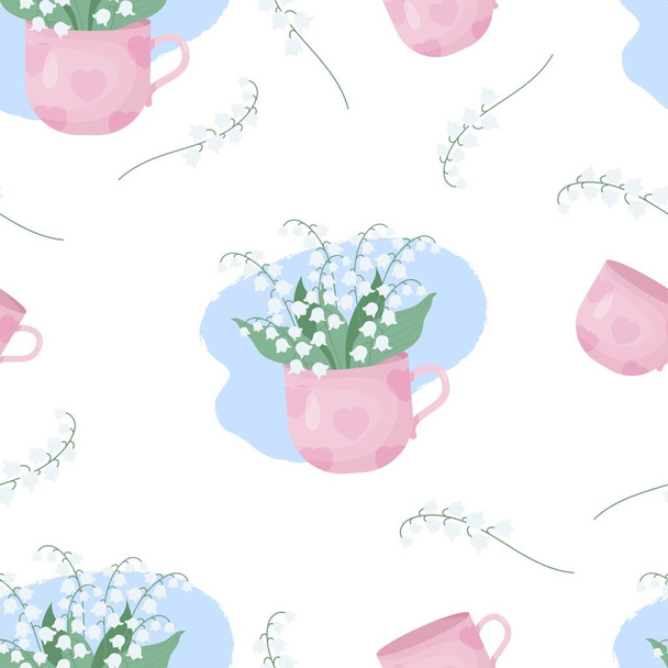 Бесшовный шаблон. Цветы May lilies of the valley in cup on white background. Векторная иллюстрация. Весенний узор с лесными цветами для дизайна, упаковки, обоев и украшения - Вектор,изображение