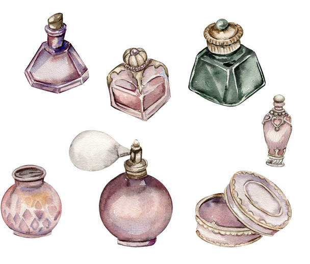 Watercolor illustration set of an old glass bottles with perfume. An old rusty enamel element. Hand-drawn in watercolour on a white background. Perfect for wedding invitation, greetings card, posters. - Foto, Imagen