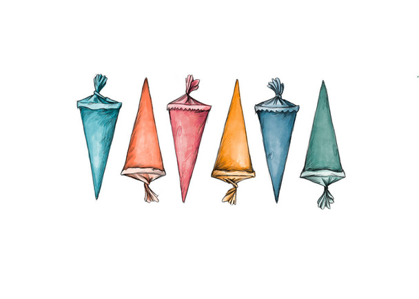 Six different colored school cones on a white background - Foto, afbeelding