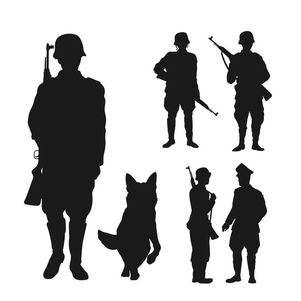 WW2 soldier black silhouette. Germanic officer and warriors with riffle. Isolated prison guard and dog. 1940s infantry person. World War 2 scene. Vector illustration - Vektör, Görsel