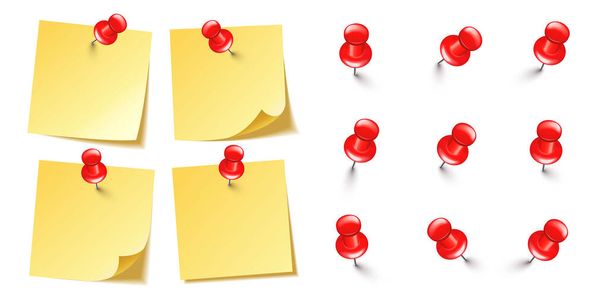 Realistic blank sticky notes isolated on white background. Yellow sheets of note paper with red push pins. Paper reminder and plastic pushpin with needle. Board tacks. Vector illustration. - Vector, Image