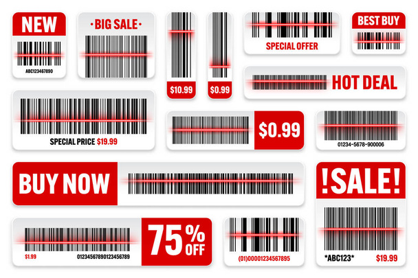 Set of product barcodes with red scanning line. Sale stickers, discount label or promotional badge. Serial number, product ID. Store or supermarket scan labels, price tag. Vector illustration. - Wektor, obraz