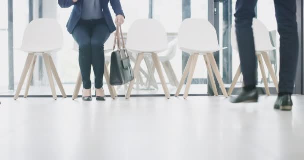 Business people legs, diversity or job interview in waiting line, human resources queue or corporate recruitment company. Men, corporate women or we are hiring team and paper, document or technology. - Video
