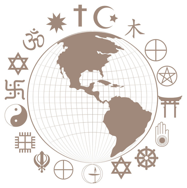 Θρησκευτικά σύμβολα γύρω από τη Γη απεικόνιση πλανήτη - Διάνυσμα, εικόνα