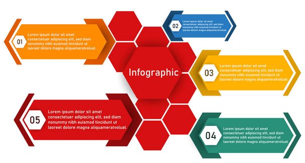 Infographic template για παρουσίαση επιχειρηματικών πληροφοριών. Διανυσματικό εξάγωνο και γεωμετρικά στοιχεία. Σύγχρονα διαγράμματα ροής εργασίας. Σχέδιο έκθεσης 5 θέματα - Διάνυσμα, εικόνα