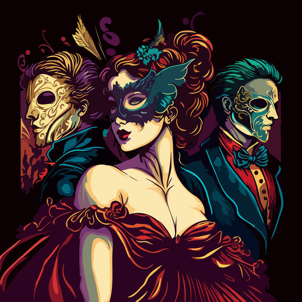 Illustration of fictional characters stylishly dressed up for a masquerade wearing ornate Venetian masks at carnival - Vetor, Imagem