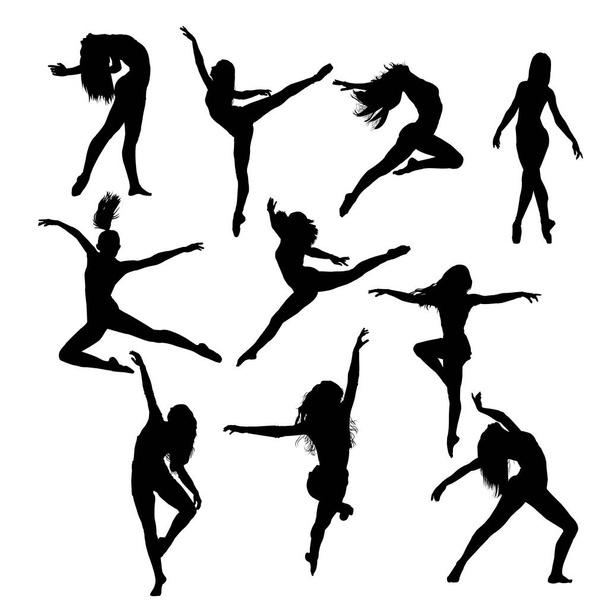 Векторный набор изящных женских силуэтов балерин на белом фоне - Вектор,изображение