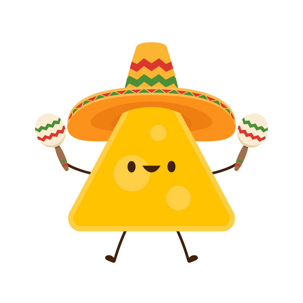Nacho character design. Nachos on white background. Mexican hat. - Vector, afbeelding