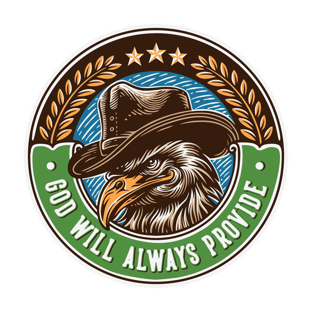 Урожай логотипу емблема орла носить ковбойський капелюх з розкладкою кола зірки і пшениці як прикраса
 - Вектор, зображення
