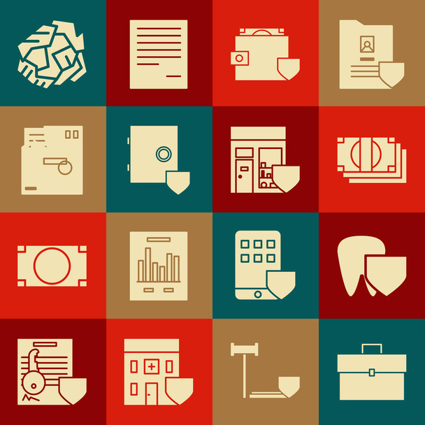 Set Briefcase, Tooth with shield, Stacks paper money cash, Wallet and, Safe, Ordered envelope, Crumpled ball and Shopping building icon. Vector - Wektor, obraz