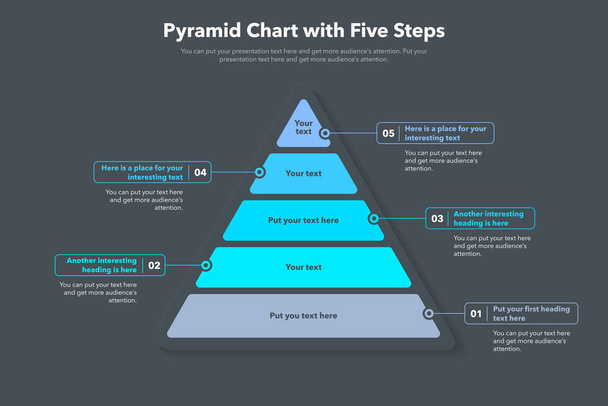 Pyramid chart template with five colorful steps - dark version. Creative diagram divided into five steps. - Vector, imagen