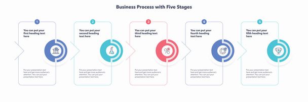 Шаблон бізнес-процесу з п'ятьма барвистими етапами. Плоский інфографічний дизайн з мінімалістичними піктограмами
. - Вектор, зображення