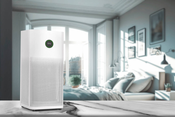 Air purifier health technology in cozy modern bedroom and cleaning removin dust PM2.5 , Air purifier for fresh air and healthy life , Health care Air Pollution Concept - Zdjęcie, obraz