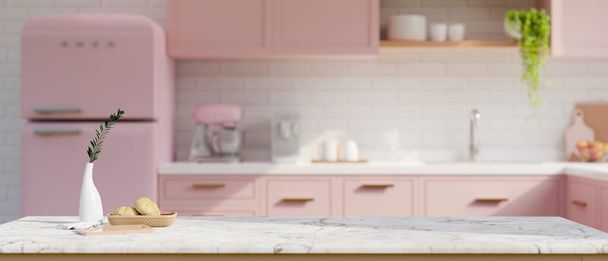 Copy space for product display on white marble tabletop with decor in beautiful pastel pink kitchen with pink kitchen cupboard, pink fridge and kitchen appliances. 3d render, 3d illustration - Foto, Imagen