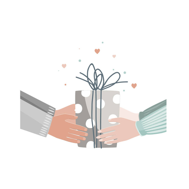 Doodle illustration of male and female hands hanging Valentine day present. Man giving gift box to a woman. Vector isolated illustration - Vector, Imagen