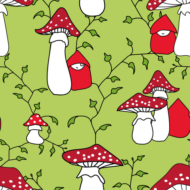 Vector june bud green seamless pattern. Shy People Green. Small hooded creatures hiding behind toadstools, with ivy tendrils in the background. Part of Tales From The Toadstool Wood collection. - Vector, Image