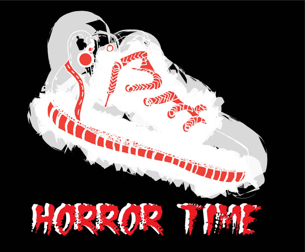horror time sports gym shoes on a black background, vector, hand-drawing, sign - Vector, Image