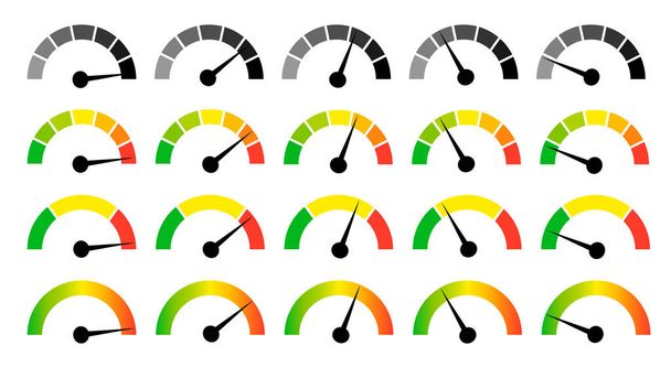 Speedometer gauge meter icons. Vector scale, level of performance. Speed indicator .Infographic of risk, gauge, score progress. - Wektor, obraz