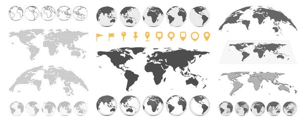 Globe and flags, Earth planet with pointers of geolocation and location. Isolated parts of maps, hemispheres in monochrome style. Vector in flat style - Vector, imagen