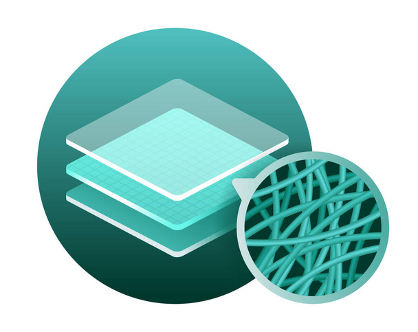 Nanofiber icon - textile fibers with diameters in nanometer range, generated from different polymers with different physical properties. isometric emblem - Vektör, Görsel