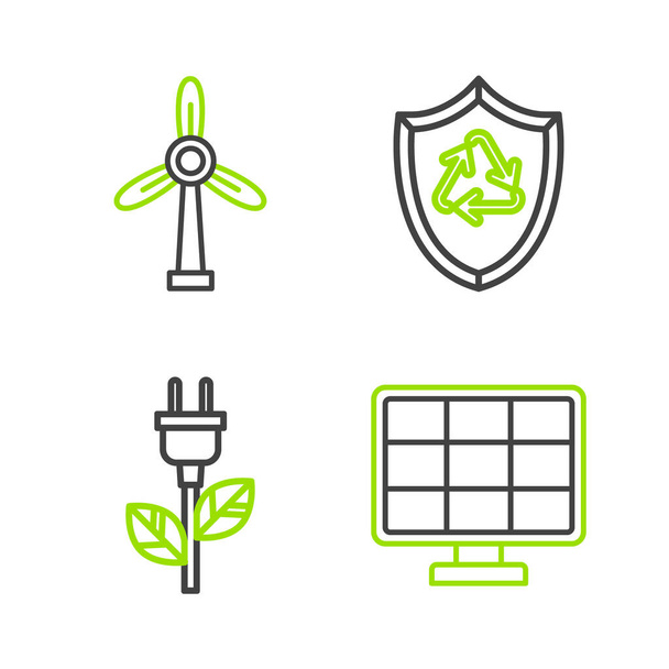 Set line Solar energy panel Electric saving plug in leaf Recycle symbol inside shield and Wind turbine icon. Vector. - Vector, imagen