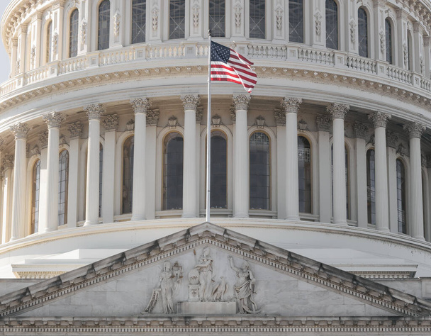 ワシントンD.C.の議事堂を背景にしたアメリカ国旗. - 写真・画像