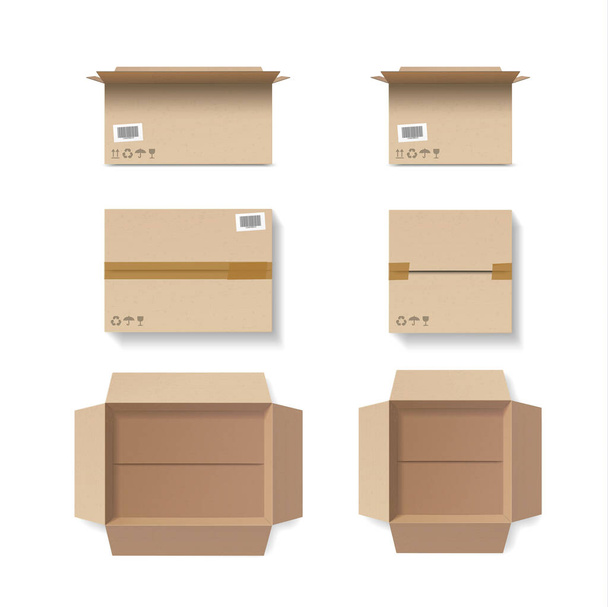 Set of closed and open cardboard boxes with tape, icons and stickers. 3D Vector mockup Isolated on white background, transparent shadows and textures. Top and front view - Vector, Image