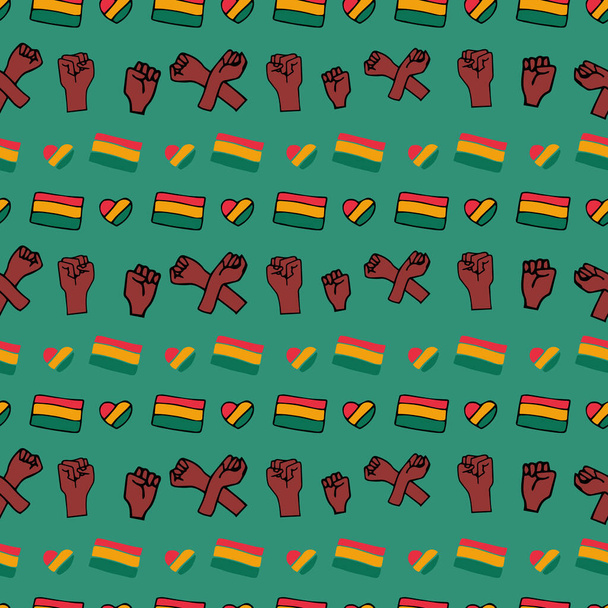 Vector Emeralt color Black history month with black fist and flag background pattern. Surface pattern design - Vector, Image