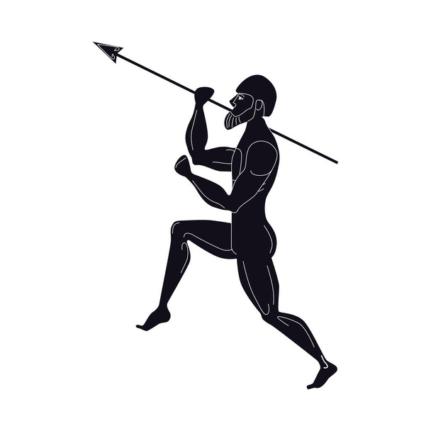 Ancient greek soldier with spear. Mythology spartan warrior without armor in helmet strikes with pike in classic antique vector style - Vektor, Bild