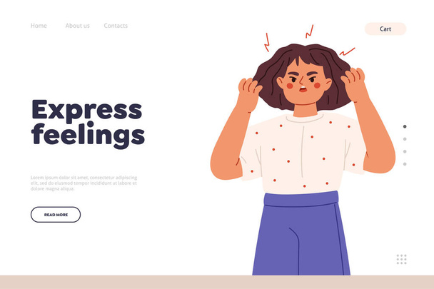 Express feelings concept of landing page with angry small girl scream. Child in tantrum aggressive crying and holding fists. Stressed little kid arguing and bullying. Cartoon flat vector illustration - Vector, afbeelding