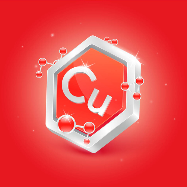 Copper minerals in pentagon red shape with chemical atom molecule orbit around. 3D Logo label nutrition silver. Used for products food and medicine design. Science concepts. Isolated Vector. - Vector, Image