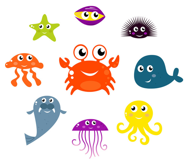 Sea creatures and animals vector icons isolated on white - Vecteur, image