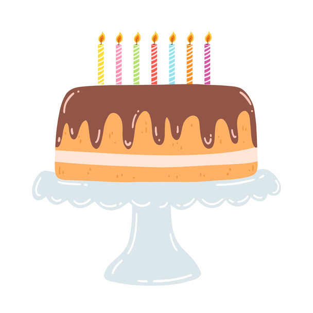 Birthday cake on a stand with candles in flat style. Hand drawn vector illustration of chocolate cake with cream, sweet dessert, pastry food. - Vector, Imagen