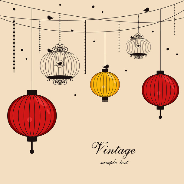 Hanging lanterns and birdcages with space for text - Wektor, obraz