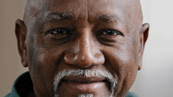 Close up African American male face with wrinkles and gray beard cheerful happy biracial smiling bald man looking at camera smile toothy dentistry healthcare 60s senior mature elderly businessman - Foto, imagen