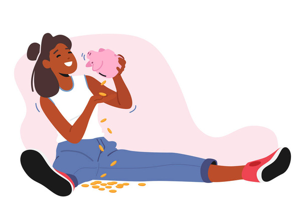 Female Character Sitting on Floor Shaking Piggy Bank with Money Falling Down. Savings, Stash, Wealth or Poverty Isolated Concept with African Woman and Pig Moneybox. Cartoon People Vector Illustration - Vector, Imagen