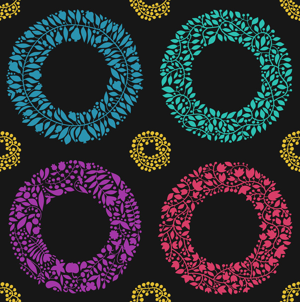 Seamless vector pattern with wreaths of blue, green, red, yellow, purple on a dark background - Vector, Imagen