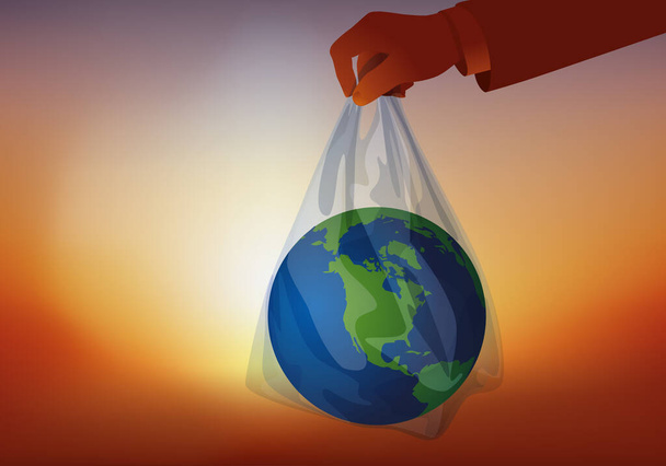 Concept of environmental protection with the symbol of the planet earth, thrown away with garbage in a garbage bag. - Vector, Image