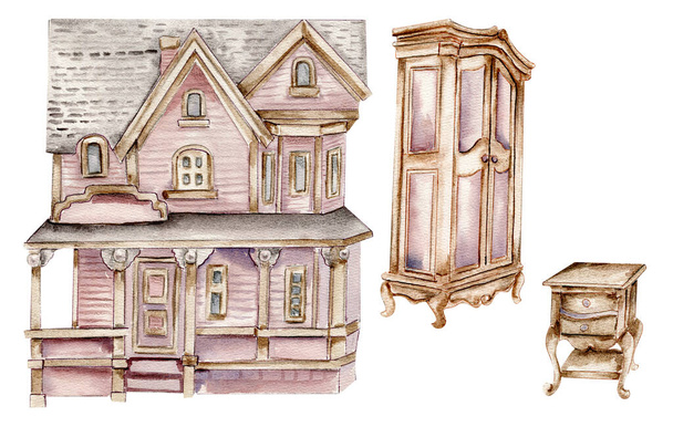Watercolor illustration of an old wooden furniture and house. An old rusty enamel element. Hand-drawn in watercolour on a white background. Perfect for wedding invitation, greetings card, posters. - Photo, image