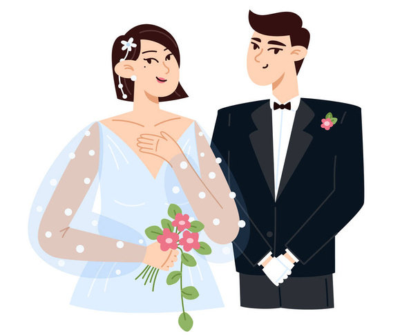 Bride with a bouquet of flowers and groom at the wedding, flat style illustration - Vektor, Bild