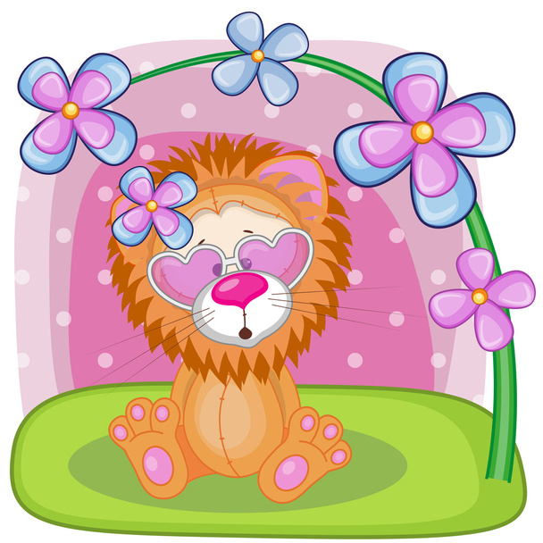 花とかわいいライオン - ベクター画像