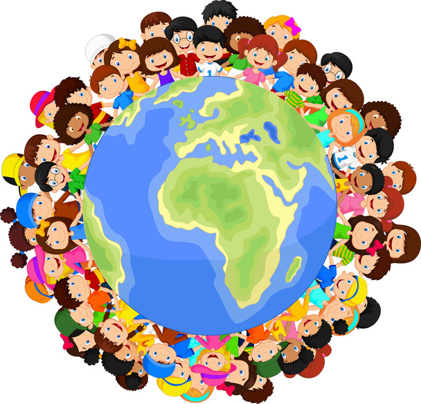 Multicultural children cartoon on planet earth - Vector, Image