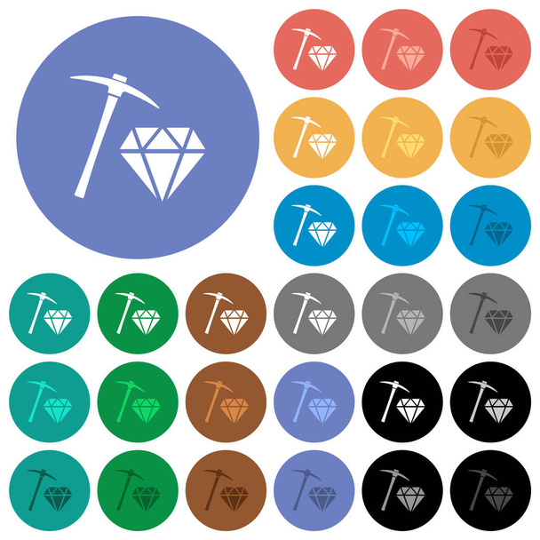 Gyémántbányászat többszínű lapos ikonok kerek hátterű. Tartalmazza a fehér, világos és sötét ikon változatok lebegő és aktív állapot hatások, és bónusz árnyalatok. - Vektor, kép